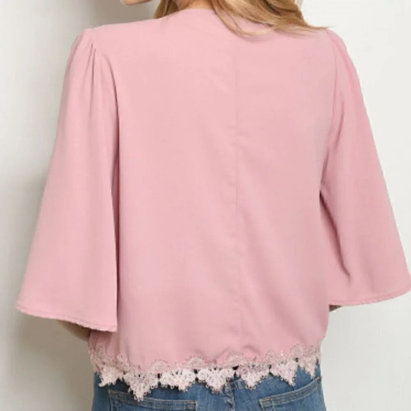 V-Neck Wide Top with Lace Trim and Bow Tie Detail - Picture 5 of 6